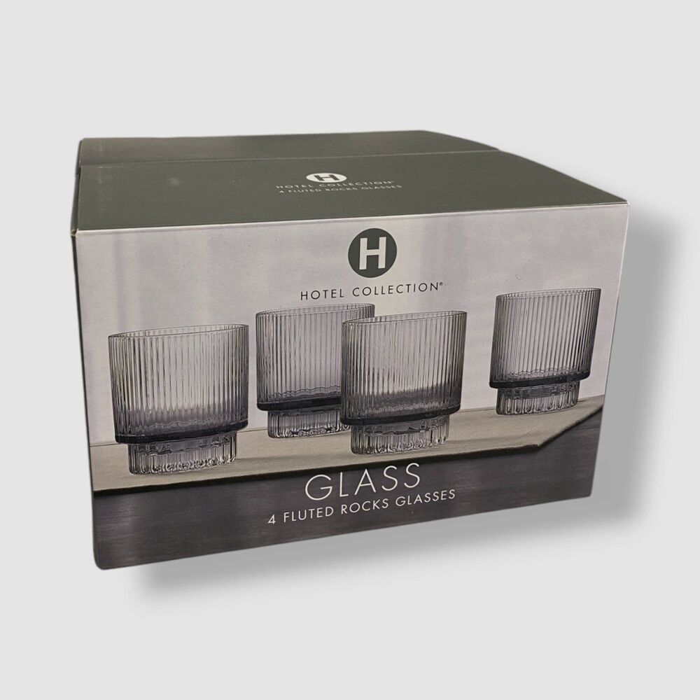 Hotel Collection Clear Set of 4 Smoked Fluted Double Old-Fashioned Glasses